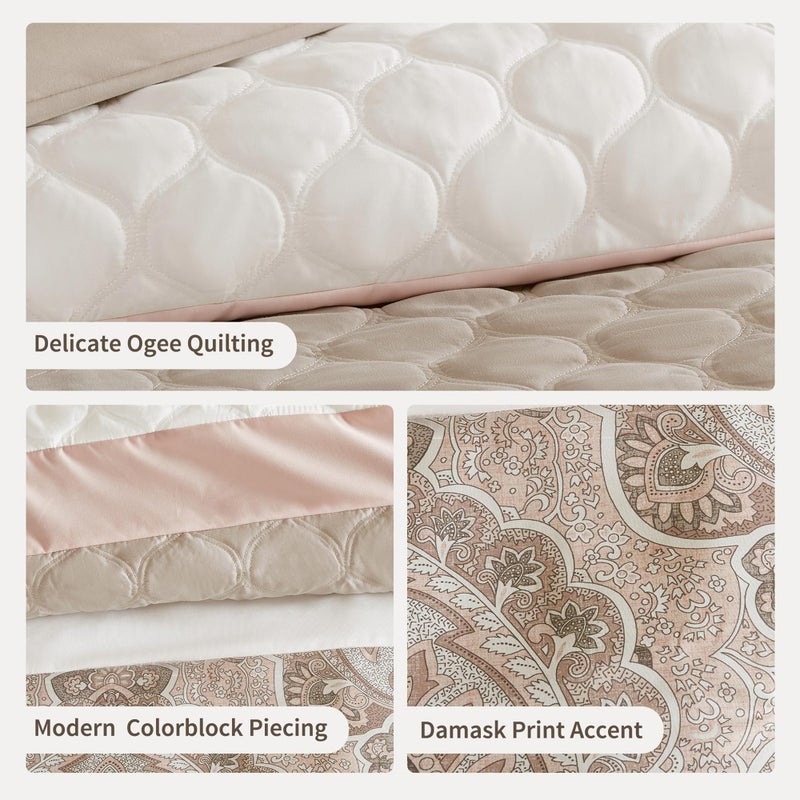 510 DESIGN Luxe Quilted Comforter Set Modern Transitional Design, All Season Down Alternative Warm Bedding Matching Shams, Bedskirt, Decorative Pillow, King, Shawnee Scrollwork Blush - Image 5